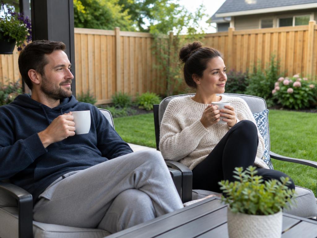 Homeowners relaxing beside their new fence